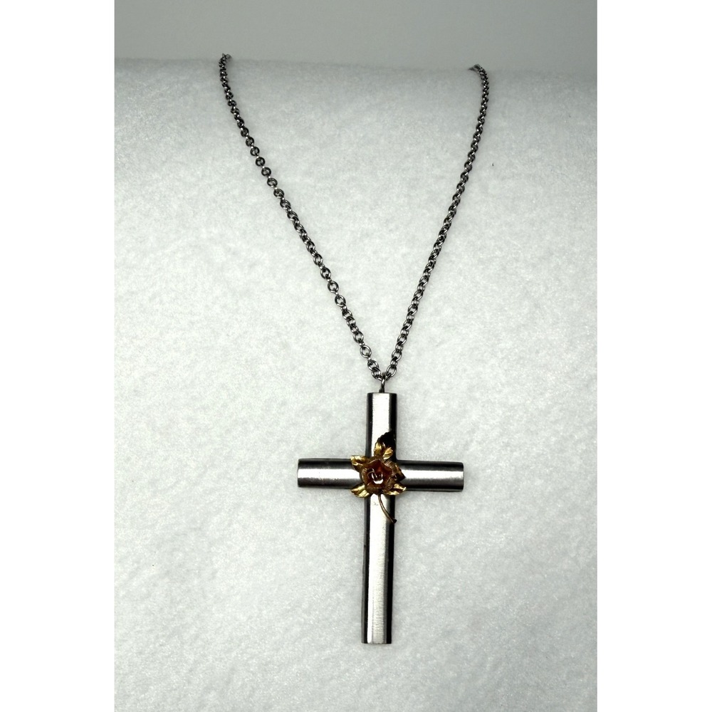 Vintage Krementz Silver /Gold Tone Large Cross Rose Pendant Necklace 26/30" Rare